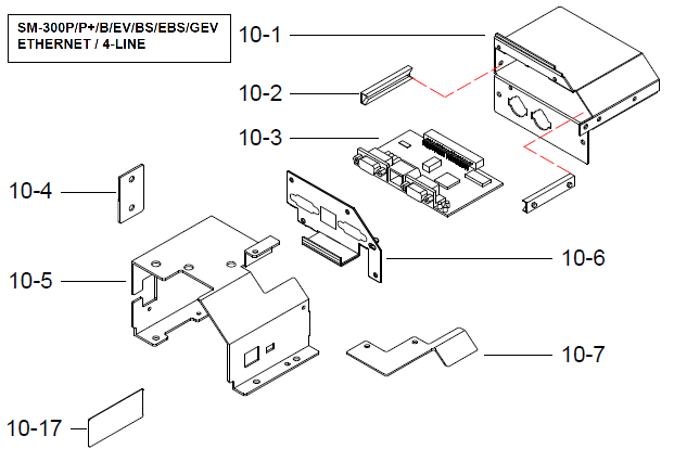 Детали (запчасти) узла интерфейсного модуля (интерфейс Ethenet/4-line, крепление, винты) весов DIGI SM-300 Pole. Сборочный чертеж.