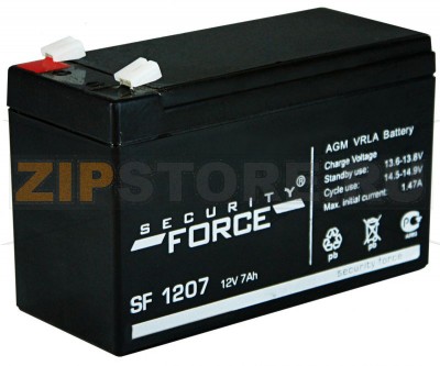 Security Force SF 1207 Аккумулятор AGM VRLA Battery - Security Force SF 1207Характеристики: Напряжение - 12V; Емкость - 7Ah;Габариты: длина 152 мм, ширина 65 мм, высота 100 мм, вес: 1,6 кг, Тип Клемм: Нож F1,F2