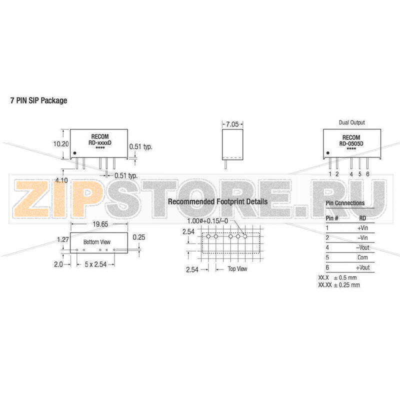 Преобразователь DC/DC, печатный монтаж, 12 В/DC, -12 В/DC, 84 mA Recom RD-1212D 