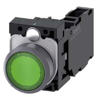 КНОПКА С ПОДСВЕТКОЙ, 22MM, КРУГЛАЯ,  ПЛАСТИК С МЕТАЛЛИЧЕСКИМ ФРОНТАЛЬНЫМ КОЛЬЦОМ, ЗЕЛЁНАЯ, ПЛОСКАЯ КНОПКА, КОНТАКТЫ МГНОВЕННОГО ДЕЙСТВИЯ, С ДЕРЖАТЕЛЕМ, 1NO+1NC, МОДУЛЬ ПОДСВЕТКИ С ИНТЕГРИРОВАННЫМ СВЕТОДИОДОМ 110V AC, ВИНТОВЫЕ КЛЕММЫ, С ГРАВИРОВКОЙ ЛАЗЕРОМ