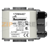 Предохранитель, 700 A, AC 690 В, 200 кА, size 1, aR, IEC UL Eaton FUSE 700A 690V 1BKN/50 AR UC