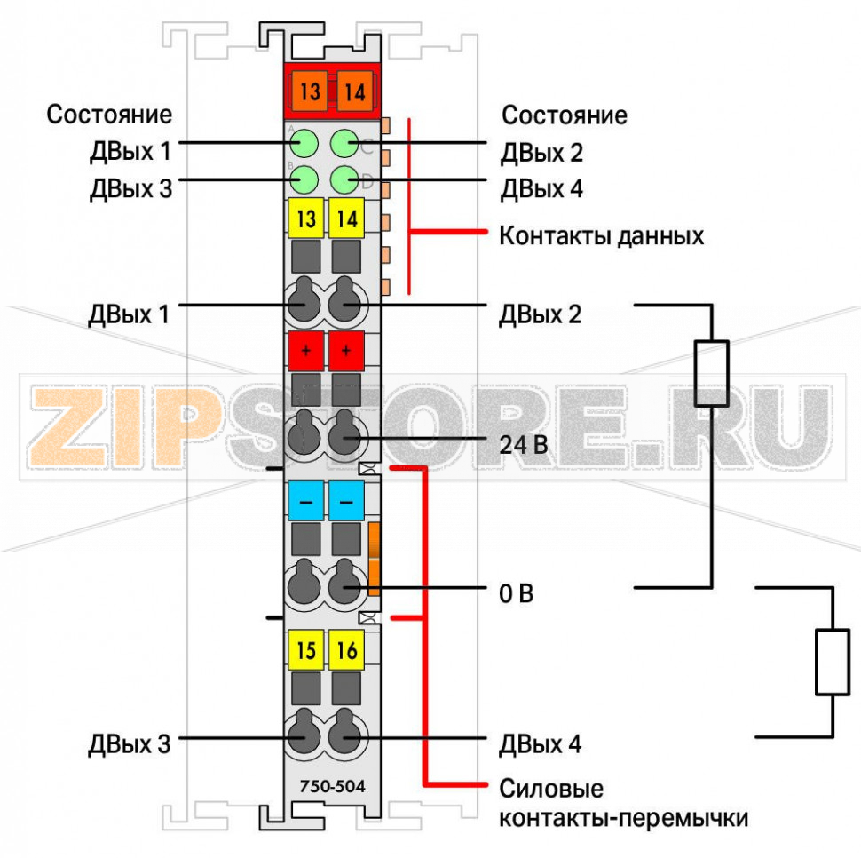 4-канальный дискретный выход; тока; 0,5 А; светло-серые Wago 750-504 