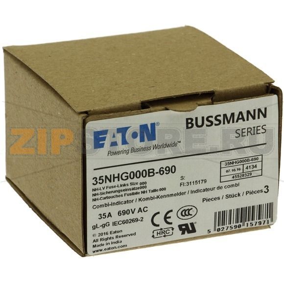 Предохранитель, 35 A, AC 690 В, 120 кА, NH000, gL/gG, IEC Eaton NH FUSE 35AMP 690V SIZE 000 GG MGL 