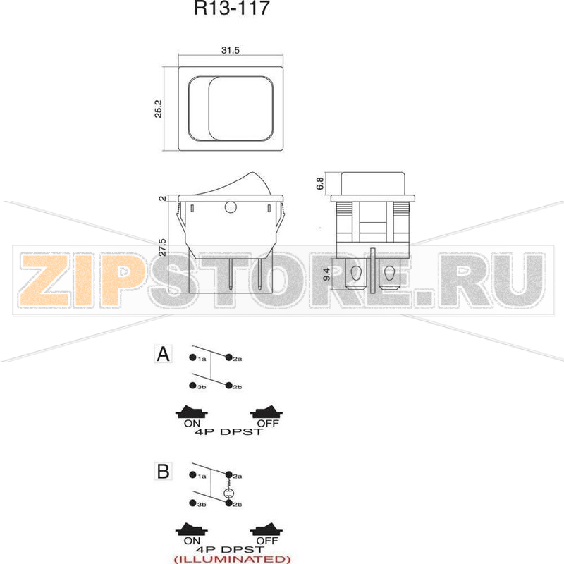 Переключатель клавишный 250 В/AC, 10 А, 1 x вкл/вкл, 1 шт SCI R13-117C-01 
