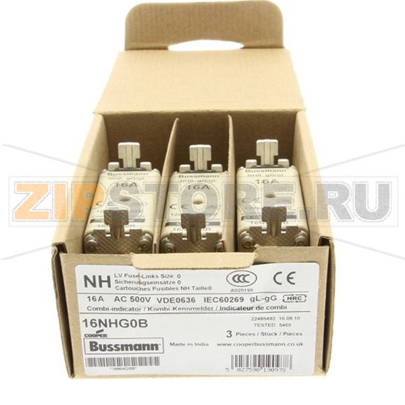 Предохранитель, 16 A, AC 500 В, 120 кА, NH0, gL/gG, IEC Eaton NH FUSE 16A 500V GG/GL SIZE 0 