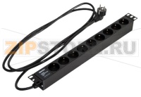 Hyperline SHE19-9SH-2.5EU Блок розеток для 19" шкафов, горизонтальный, 9 розеток Schuko (16A), 250В, кабель питания 3х1.5мм2, длина 2.5 м, с вилкой Schuko, 482.6x44.4x44.4мм (ДхШхВ)