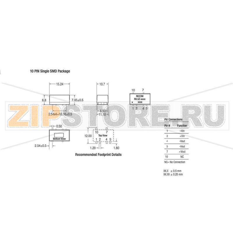 Преобразователь DC/DC, SMD-монтаж, 5 В/DC, 100 mA, 0.5 Вт Recom R0.5Z-0505 