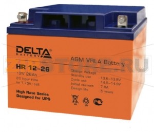 Delta HR 12-26 Свинцово-кислотный аккумулятор (АКБ) Delta HR 12-26: Напряжение - 12 В; Емкость - 26 Ач; Габариты: 166 мм x 175 мм x 125 мм, Вес: 9,18 кгТехнология аккумулятора: AGM VRLA Battery