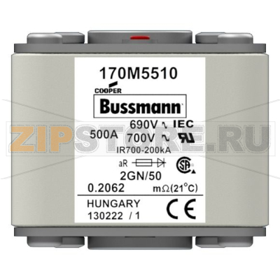 Предохранитель, 500 A, AC 690 В, size 2, 61x77x51 мм, aR, IEC UL Eaton FUSE 500A 690V 2GN/50 A 