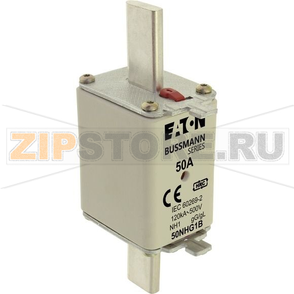 Предохранитель, 50 A, AC 500 В, 120 кА, NH1, gL/gG, IEC Eaton NH FUSE 50AMP 500V gG SIZE 1 DUAL IND 