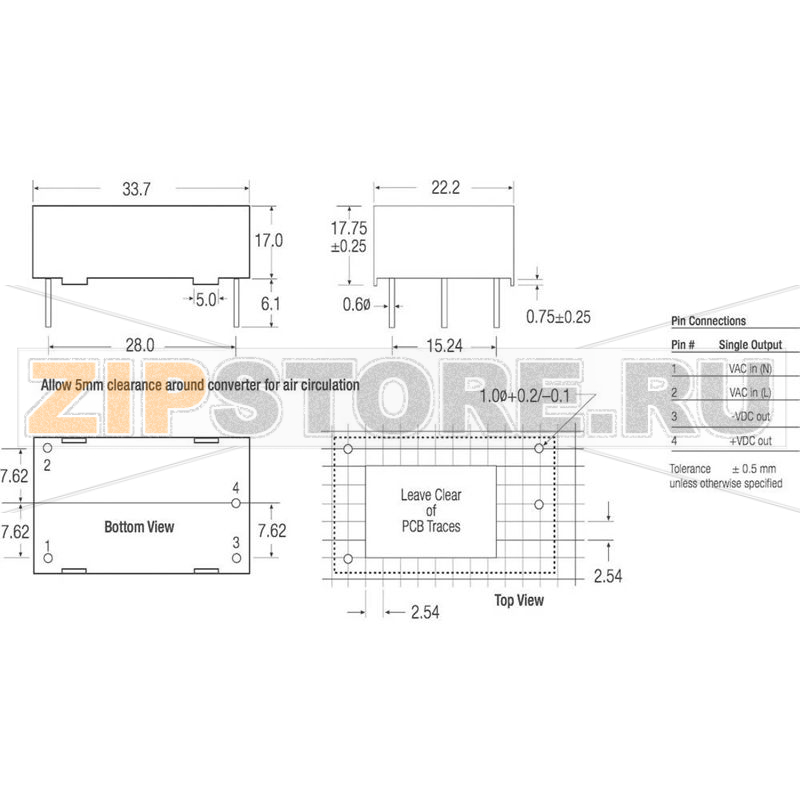 Блок питания AC/DC, 3.3 В, 0.3 А, 1 Вт Recom RAC01-3.3SC 
