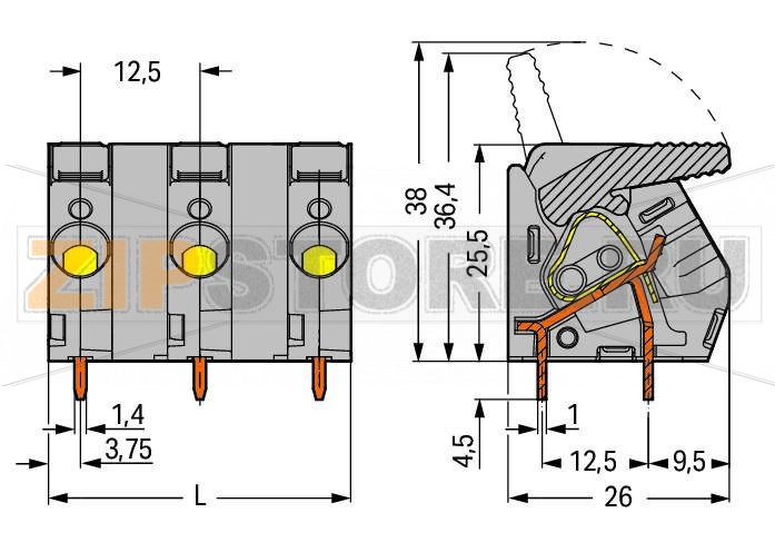 Клемма на печатную плату; рычаг; 3; Шаг контактов 12,5 мм; 11-пол.; CAGE CLAMP®; 6,00 mm; серые Wago 2706-311 Сильноточные клеммные колодки с зажимами CAGE CLAMP®, с рабочими рычагамиОткрытие и закрытие без использования инструментов – рычаги открываются/закрываются при помощи пальцевНесколько зажимов могут быть открыты одновременно– удобно для монтажа многожильных кабелейДва вывода под пайку для контакта высокого уровня механической стабильности600 В UL для шага контактов 12,5 мм...