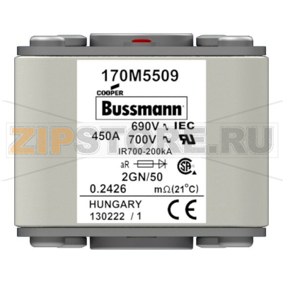 Предохранитель, 450 A, AC 690 В, size 2, 61x77x51 мм, aR, IEC UL Eaton FUSE 450A 690V 2GN/50 A 