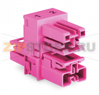 h-distribution connector; 2-pole; Cod. B; 1 input; 2 outputs; outputs on both sides; 3 locking levers; for flying leads; pink Wago 770-1660 Protected against mismating and maintenance-freeComponents can be clearly printed on and color-coded to meet custom requirements....