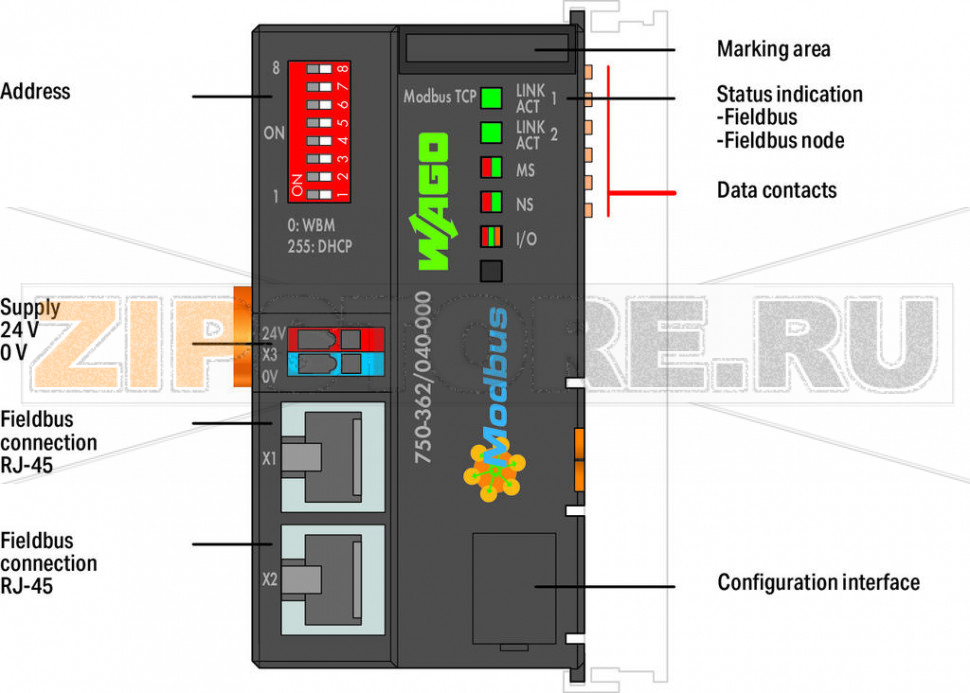Каплер шины Modbus TCP; 4-е поколение; Extreme; темно-серые Wago 750-362/040-000 The 750-362/040-000 Modbus TCP/UDP Fieldbus Coupler connects ETHERNET to the modular WAGO-I/O-SYSTEM. The fieldbus coupler automatically configures, creating a local process image which may include analog, digital or specialty modules.Two ETHERNET interfaces and an integrated switch allow the fieldbus to be wired in a line topology. This eliminates additional network devices such as switches or hubs. Both interfaces support Auto-Negotiation and Auto-MDI(X). The DIP switch configures the last byte of the IP address and may be used for IP address assignment (DHCP, BootP, static).The coupler is designed for fieldbus communication in Modbus networks. It also supports a wide variety of standard ETHERNET protocols (e.g., HTTP(S), BootP, DHCP, DNS, SNMP, (S)FTP). An integrated Web server provides configuration and status information to the coupler. The coupler has an integrated supply terminal for the system voltage. The field power jumper contacts are supplied via a separate supply module.The device is ideal for operation in harsh environments thanks to:Extended temperature rangeGreater immunity to impulse voltages and electromagnetic interferenceHigher vibration and shock resistance...