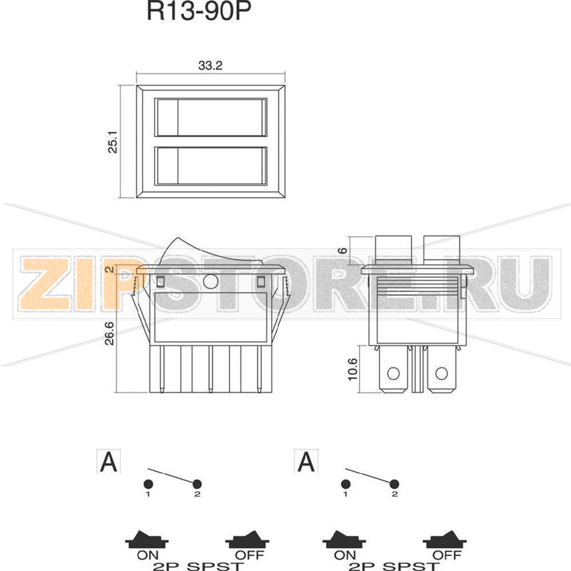 Переключатель клавишный 250 В/AC, 10 А, 2 x выкл/вкл, 1 шт SCI R13-90PAA-01 