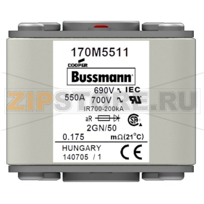 Предохранитель, 550 A, AC 690 В, size 2, 61x77x51 мм, aR, IEC UL Eaton FUSE 550A 690V 2GN/50 A 
