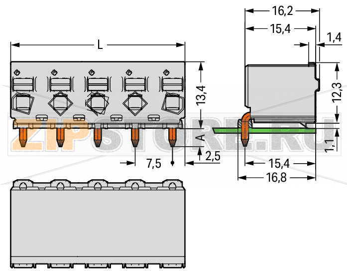 1-conductor THT female header; 1.4 mm O solder pin; угловые; 2,5 мм; Шаг контактов 7,5 мм; 5-пол.; светло-серые Wago 2092-3355 Универсальное соединение для всех типов проводниковПростой монтаж одножильных проводников и многожильных проводников с наконечником путем вставкиПростая в использовании конструкция не требует применения специальных инструментовВозможность выполнения монтажа как в соединенном, так и в разъединенном состоянииВстроенные тестовые порты для тестирования параллельно вводу проводникаЗаказная установка выводов под пайку...