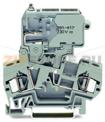 2-conductor fuse terminal block; with pivoting fuse holder; for 5 x 20 mm miniature metric fuse; with blown fuse indication by neon lamp; 230 V; for DIN-rail 35 x 15 and 35 x 7.5; 4 mm; CAGE CLAMP®; 4,00 mm; gray Wago 281-611/281-417 Примечание:Terminating Aluminum ConductorsWAGO spring clamp terminal blocks are suitable for solid aluminum conductors up to 4 mm?/12 AWG if WAGO “Alu-Plus” Contact Paste is used for termination.“Alu-Plus” Contact Paste Advantages:Automatically destroys the oxide film during clamping.Prevents fresh oxidation at the clamping point.Prevents electrolytic corrosion between aluminum and copper conductors (in the same terminal block).Provides long-term protection against corrosion....