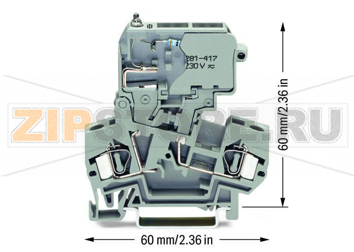 2-conductor fuse terminal block; with pivoting fuse holder; for 5 x 20 mm miniature metric fuse; with blown fuse indication by neon lamp; 230 V; for DIN-rail 35 x 15 and 35 x 7.5; 4 mm; CAGE CLAMP®; 4,00 mm; gray Wago 281-611/281-417 Примечание:Terminating Aluminum ConductorsWAGO spring clamp terminal blocks are suitable for solid aluminum conductors up to 4 mm?/12 AWG if WAGO “Alu-Plus” Contact Paste is used for termination.“Alu-Plus” Contact Paste Advantages:Automatically destroys the oxide film during clamping.Prevents fresh oxidation at the clamping point.Prevents electrolytic corrosion between aluminum and copper conductors (in the same terminal block).Provides long-term protection against corrosion....