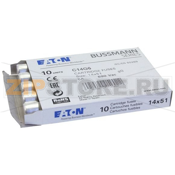 Предохранитель, 6 A, AC 690 В, 80 кА, 14x51 мм, gL/gG, IEC Eaton CYLINDRICAL FUSE 14x51 6A GG 6 