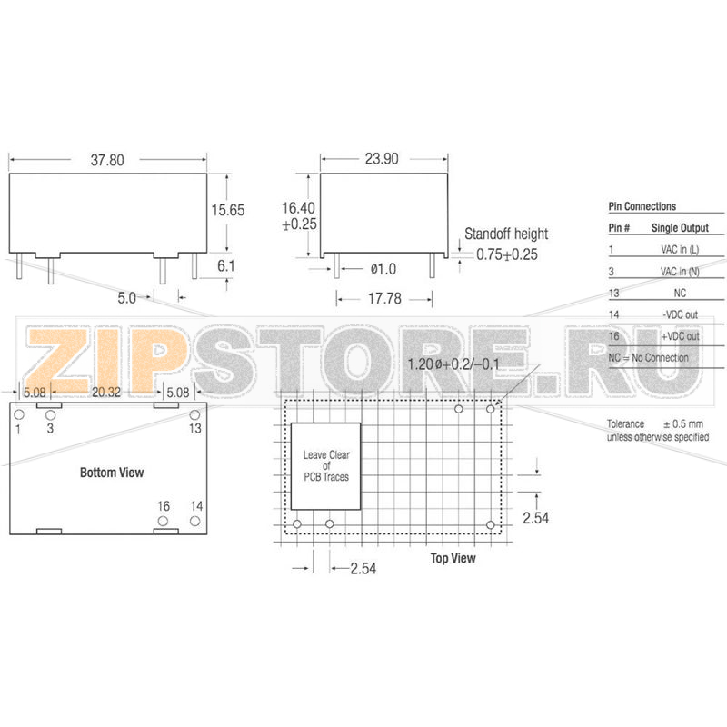 Блок питания AC/DC, 12 В, 0.25 А, 3 Вт Recom RAC03-12SC 