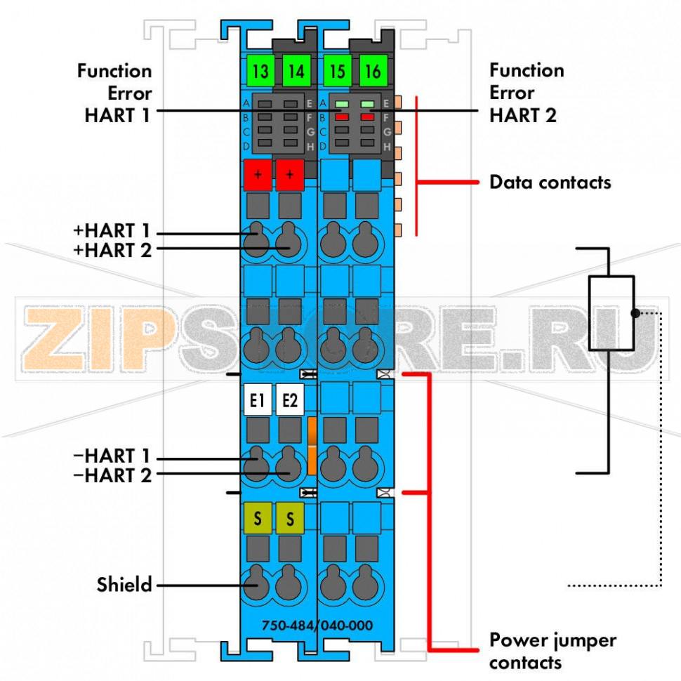 2 аналоговых ввода; 4-20 мА HART; Искробезопасный; Extreme; синие Wago 750-484/040-000 This analog input module connects two field-side signal conditioners equipped with a HART interface that are to be used in hazardous areas of Zone 0+1.The module supplies signal conditioners, reads process values via analog interface, and enables HART communication for configuring and importing dynamic variables.The WAGO I/O System 750 XTR must be installed either in Zone 2 or in a non-hazardous area.The 24 V supply is supplied to the field contacts (HART +) from the power jumper contacts via multipliers. The shield directly connects to the DIN-rail.The measurement input is equipped with current limitation, which limits the current to 25 mA. This module powers 2-wire signal conditioners.Up to 4 HART dynamic variables (PV, SV, TV, QV) per channel can be mapped in the cyclic process image of the coupler or controller (parameterizable). For HART communication with connected intelligent HART field devices, the HART protocol can be mapped in the cyclic process image of the coupler or controller (parameterizable).FDT/DTM device drivers are available for select (programmable) couplers, allowing HART tool routing to the connected HART device.The device is ideal for operation in extreme environments thanks to:Extended temperature rangeGreater immunity to impulse voltages and electromagnetic interferenceHigher vibration and shock resistance...