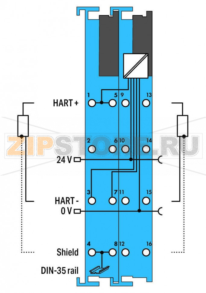 2 аналоговых ввода; 4-20 мА HART; Искробезопасный; Extreme; синие Wago 750-484/040-000 This analog input module connects two field-side signal conditioners equipped with a HART interface that are to be used in hazardous areas of Zone 0+1.The module supplies signal conditioners, reads process values via analog interface, and enables HART communication for configuring and importing dynamic variables.The WAGO I/O System 750 XTR must be installed either in Zone 2 or in a non-hazardous area.The 24 V supply is supplied to the field contacts (HART +) from the power jumper contacts via multipliers. The shield directly connects to the DIN-rail.The measurement input is equipped with current limitation, which limits the current to 25 mA. This module powers 2-wire signal conditioners.Up to 4 HART dynamic variables (PV, SV, TV, QV) per channel can be mapped in the cyclic process image of the coupler or controller (parameterizable). For HART communication with connected intelligent HART field devices, the HART protocol can be mapped in the cyclic process image of the coupler or controller (parameterizable).FDT/DTM device drivers are available for select (programmable) couplers, allowing HART tool routing to the connected HART device.The device is ideal for operation in extreme environments thanks to:Extended temperature rangeGreater immunity to impulse voltages and electromagnetic interferenceHigher vibration and shock resistance...