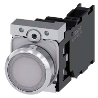 КНОПКА С ПОДСВЕТКОЙ, 22MM, КРУГЛАЯ, МЕТАЛЛИЧЕСКАЯ ГЛЯНЦЕВАЯ, БЕЛАЯ, ПЛОСКАЯ КНОПКА, КОНТАКТЫ МГНОВЕННОГО ДЕЙСТВИЯ, С ДЕРЖАТЕЛЕМ, 1NO+1NC, МОДУЛЬ ПОДСВЕТКИ С ИНТЕГРИРОВАННЫМ СВЕТОДИОДОМ 110V AC,  ПРУЖИННЫЕ КЛЕММЫ, С ГРАВИРОВКОЙ ЛАЗЕРОМ, LOWER CASE Siemens