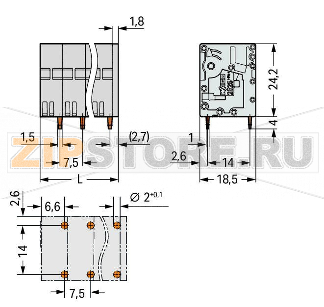 Клемма на печатную плату; 3; Шаг контактов 7,5 мм; 3-пол.; Push-in CAGE CLAMP®; 6,00 mm; серые Wago 2626-3103 Клеммные?колодки?с?зажимами?Push-in CAGE CLAMP®,?приводимыми?в?действие?при?помощи?нажимных?кнопокЗажим одножильных проводников и тонкожильных проводников с наконечниками путем вставкиНажимные кнопки, открывающие зажим с минимальными усилиями, для простого подключения / извлечения тонкопроволочных проводниковУдобный монтаж без использования инструментовИсполнения с тестовыми разъемами и разделителями и без нихДоступны исполнения с индивидуальным внутренним объединением (заводская сборка), например, объединение с заземляющим проводом...