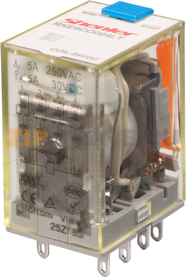 Реле миниатюрное (4CO), 5A, DC 24V с LED индикацией, диодом +A1/-A2 и кнопкой тест Shenler RKE4CO024LTD1 
