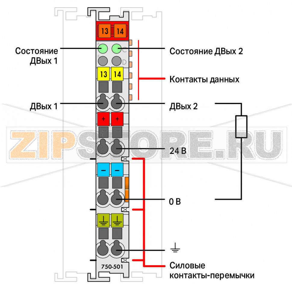 2-канальный дискретный выход; тока; 0,5 А; светло-серые Wago 750-501 