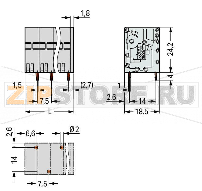 Клемма на печатную плату; 3; Шаг контактов 7,5 мм; 3-пол.; Push-in CAGE CLAMP®; 6,00 mm; серые Wago 2626-3103/020-000 Клеммные?колодки?с?зажимами?Push-in CAGE CLAMP®,?приводимыми?в?действие?при?помощи?нажимных?кнопокЗажим одножильных проводников и тонкожильных проводников с наконечниками путем вставкиНажимные кнопки, открывающие зажим с минимальными усилиями, для простого подключения / извлечения тонкопроволочных проводниковУдобный монтаж без использования инструментовИсполнения с тестовыми разъемами и разделителями и без нихДоступны исполнения с индивидуальным внутренним объединением (заводская сборка), например, объединение с заземляющим проводом...