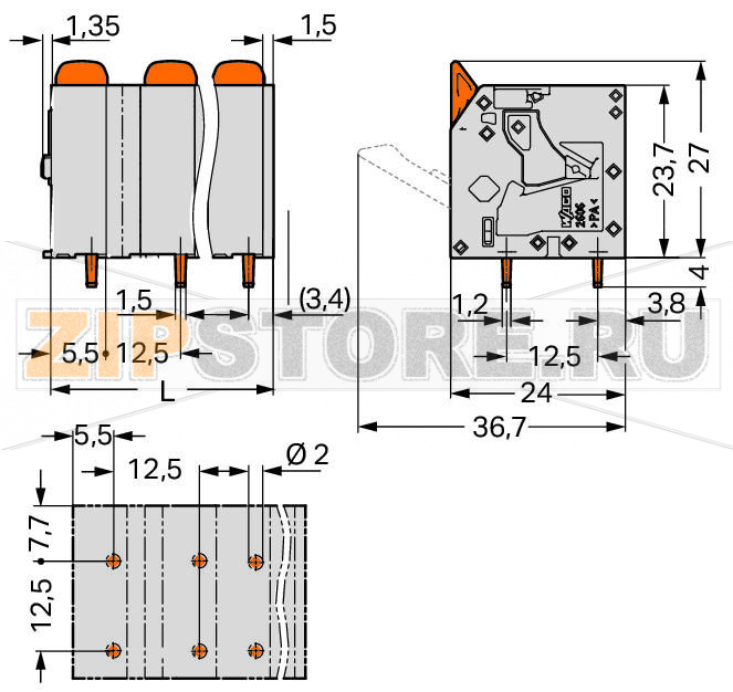 Клемма на печатную плату; рычаг; 3; Шаг контактов 12,5 мм; 12-пол.; Push-in CAGE CLAMP®; 6,00 mm; серые Wago 2606-3362 Клеммные?колодки?с?зажимами?Push-in CAGE CLAMP®,?приводимыми?в?действие?при?помощи?нажимных?кнопокЗажим одножильных проводников и тонкожильных проводников с наконечниками путем вставкиНажимные кнопки, открывающие зажим с минимальными усилиями, для простого подключения / извлечения тонкопроволочных проводниковУдобный монтаж без использования инструментовИсполнения с тестовыми разъемами и разделителями и без нихДоступны исполнения с индивидуальным внутренним объединением (заводская сборка), например, объединение с заземляющим проводом...