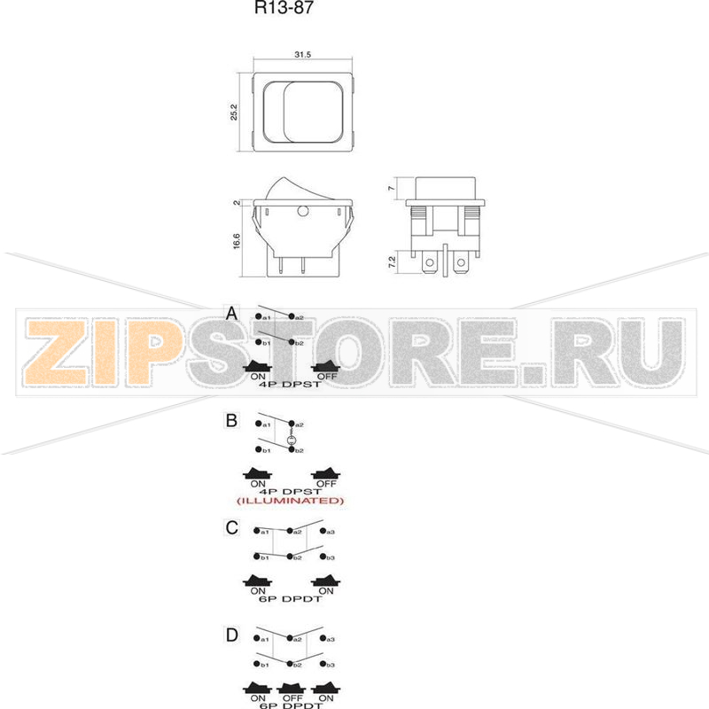 Переключатель клавишный 250 В/AC, 10 А, 1 x выкл/вкл, зеленый, 1 шт SCI R13-87B-02 