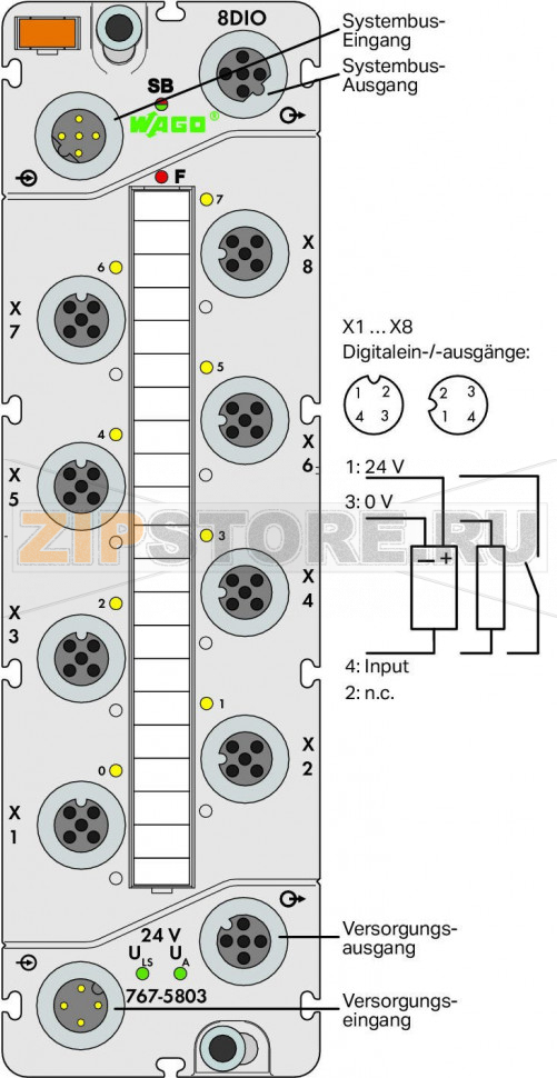 767 Series  I/O System 8-канальный дискретный вход/выход; тока; 0,5 А; 8 x M12; светло-серые Wago 767-5803 Краткое описание:этот модуль дискретного ввода-вывода принимает двоичные сигналы от переключателей, датчиков и бесконтактных переключателей (BERO)*. Модуль также управляет такими исполнительными механизмами, как электромагнитные клапаны, контакторы постоянного тока, индикаторы.* Не относится к 767-5803/000-800Особенности:? - 8 дискретных вводов-выводов, 24 В пост.тока / 0,5 АВвод-вывод, с возможностью параметризации (поканально)Доступна диагностика (поканально/помодульно)С возможностью параметризации (режим работы, включая счетчик, фильтр, инверсию, стратегию подстановки значения, подстановочное значение, ручной режим, интерактивное моделирование и диагностику).Комплектация:1 маркер WMB, оранжевый1 маркировочная полоса2 защитные крышки M12...