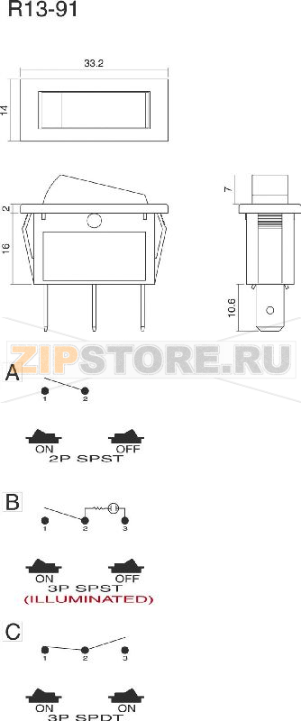 Переключатель клавишный 250 В/AC, 10 А, 1 x выкл/вкл TRU Components TC-R13-91B-01 