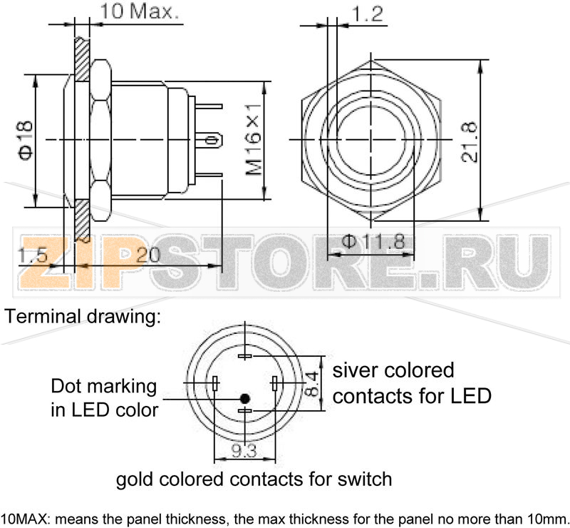 Кнопка антивандальная 48 В/DC, 2 А, 1 x выкл/вкл, без фиксации, IP65, 1 шт TRU Components GQ16F-10E/J/G/12V 