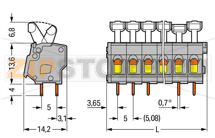 PCB terminal block; push-button; 2.5 mm; Pin spacing 5/5.08 mm; 7-pole; suitable for Ex-e applications; CAGE CLAMP®; commoning option; 2,50 mm; light gray Wago 257-407/000-009/999-950 Клеммные колодки с зажимами CAGE CLAMP®, монтаж с помощью нажимных кнопокУстановите шаг контактов в мм или дюймах либо сжав клеммные колодки плотнее, либо разделяя ихИдеальны для монтажа в полевых условиях благодаря простоте использования при помощи нажимных кнопокУдобный монтаж без использования инструментов...