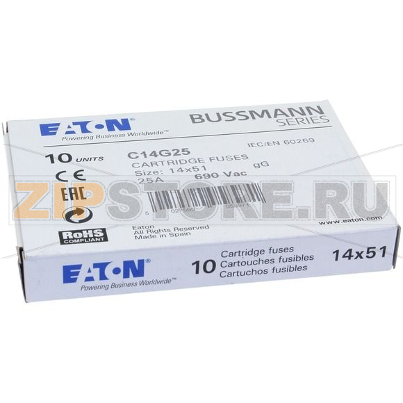 Предохранитель, 25 A, AC 690 В, 80 кА, 14x51 мм, gL/gG, IEC Eaton CYLINDRICAL FUSE 14x51 25A GG 