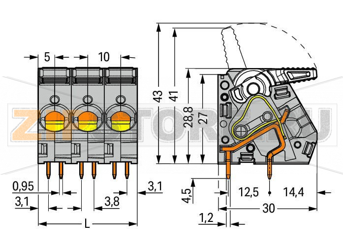 Клемма на печатную плату; рычаг; 16 мм; Шаг контактов 10 мм; 3-пол.; CAGE CLAMP®; 16,00 mm; серые Wago 2716-103 Сильноточные клеммные колодки с зажимами CAGE CLAMP®, с рабочими рычагамиОткрытие и закрытие без использования инструментов – рычаги открываются/закрываются при помощи пальцевНесколько зажимов могут быть открыты одновременно– удобно для монтажа многожильных кабелейЧетыре вывода под пайку для контакта высокого уровня механической стабильности600 В UL для шага контактов 15 ммВывод и размеры сопоставимы с сильноточными клеммами винтового типа...