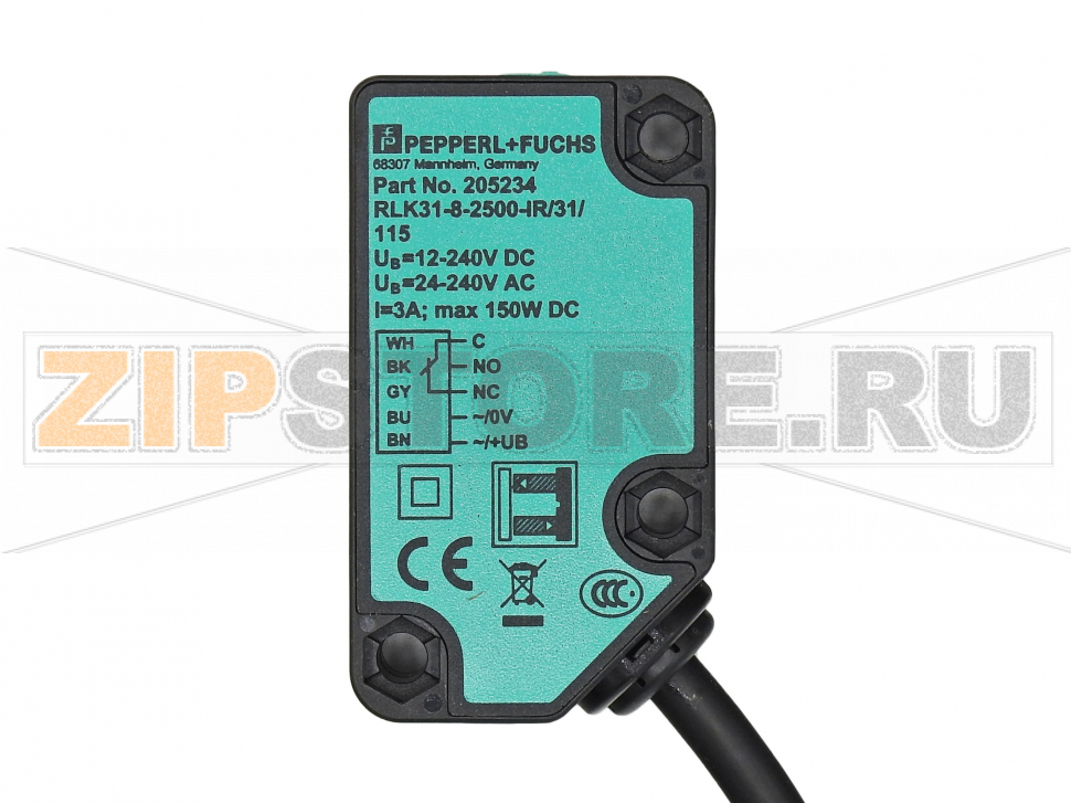 Диффузный датчик RLK31-8-2500-IR/31/115 Pepperl+Fuchs Описание оборудованияDiffuse mode sensor, plastic housing, 2500 mm adjustable detection range, AC/DC version, infrared light, light on, relay contact output, fixed cable