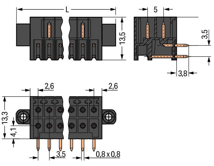MCS MINI HD Вилка THT, 2-рядн.; 0.8 x 0.8 mm solder pin; угловые; 100% защита от неправильного подсоединения; Резьбовой фланец; Шаг контактов 3,5 мм; 2 x 10-полюсов; черные Wago 713-1430/107-000 Корпус вилок отливается из изоляционного материала, пригодного для пайки оплавлением припоя без использования свинцаРазделенные разъемы выводов предотвращают повреждения и обеспечивают вилкам защиту от касания в неподсоединенном состоянии100% защита от неправильного подсоединенияВозможны варианты кодировки...