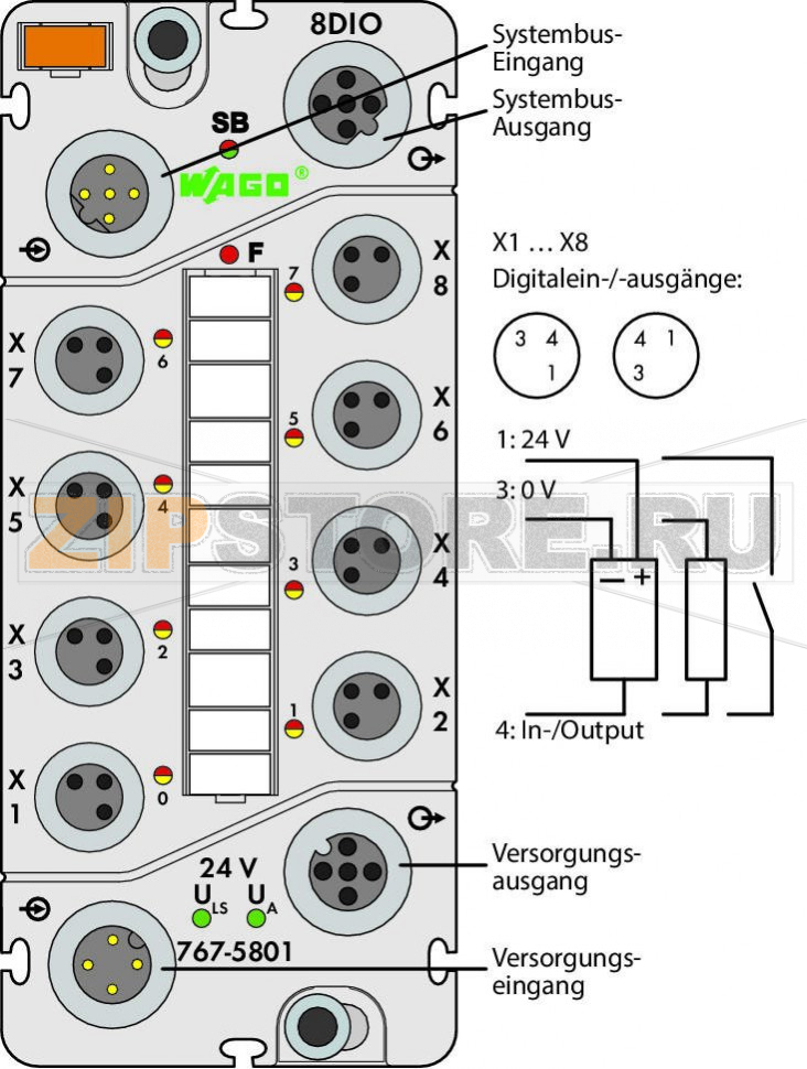 767 Series  I/O System 8-канальный дискретный вход/выход; тока; 0,5 А; Защита от помех; 8 x M8; светло-серые Wago 767-5801/000-800 Краткое описание:этот модуль дискретного ввода-вывода принимает двоичные сигналы от переключателей, датчиков и бесконтактных переключателей (BERO). Модуль также управляет такими исполнительными механизмами, как электромагнитные клапаны, контакторы постоянного тока, индикаторы. Характеристики:- 8 дискретных вводов-выводов, 24 В пост.тока / 0,5 А? Ввод-вывод, канал с возможностью параметризации- С возможностью диагностирования (поканально/помодульно)- С возможностью параметризации (режим работы, включая счетчик, фильтр, инверсию, стратегию подстановки значения, подстановочное значение, ручной режим, интерактивное моделирование и диагностику).Комплектация:1 маркер WMB, оранжевый1 маркировочная полоса2 защитные крышки M8...