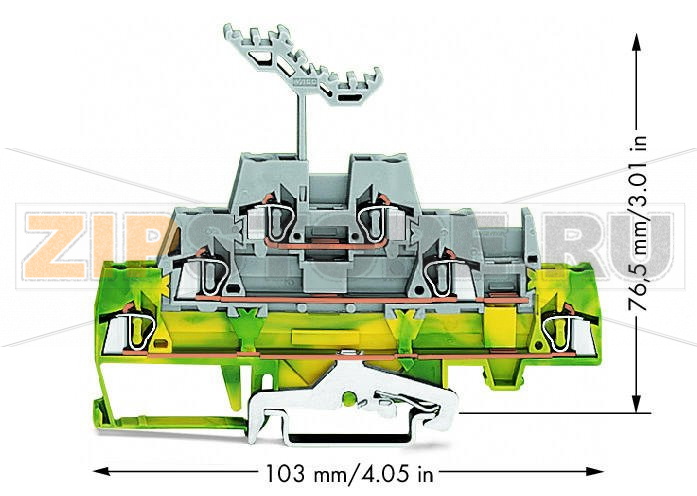 Triple-deck terminal block; Ground conductor/through/through terminal block; with marker carrier; for DIN-rail 35 x 15 and 35 x 7.5; 2.5 mm; CAGE CLAMP®; 2,50 mm; green-yellow/gray/gray Wago 280-557 Примечание:Terminating Aluminum ConductorsWAGO spring clamp terminal blocks are suitable for solid aluminum conductors up to 4 mm?/12 AWG if WAGO “Alu-Plus” Contact Paste is used for termination.“Alu-Plus” Contact Paste Advantages:Automatically destroys the oxide film during clamping.Prevents fresh oxidation at the clamping point.Prevents electrolytic corrosion between aluminum and copper conductors (in the same terminal block).Provides long-term protection against corrosion....