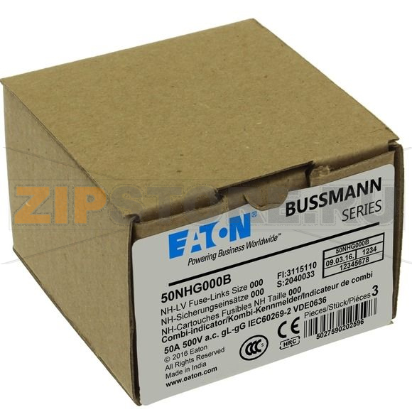 Предохранитель, 50 A, AC 500 В, 120 кА, NH000, gL/gG, IEC Eaton NH FUSE 50AMP 500V SIZE 000 GG MGL 