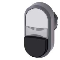 АКТУАТОР ДВОЙНОЙ КНОПКИ С ВОЗМОЖНОСТЬЮ ПОДСВЕТКИ, 22MM, КРУГЛ., ПЛАСТИК С МЕТАЛЛИЧЕСКИМ ФРОНТАЛЬНЫМ КОЛЬЦОМ, КНОПКИ: БЕЛАЯ (ПЛОСКАЯ), ЧЁРНАЯ (ВЫСТУПАЮЩАЯ) , С ГРАВИРОВКОЙ ЛАЗЕРОМ, КАСТОМИЗИРОВАННАЯ МАРКИРОВКА ИЛИ ГРАФИЧЕСКИЕ СИМВОЛЫ В СООТВЕТСТВИИ С ВЫБОР