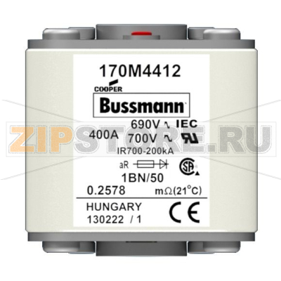 Предохранитель, 400 A, AC 690 В, size 1, 53x69x51 мм, aR, IEC UL, M8 Eaton FUSE 400A 690V 1BN/50 AR UC 