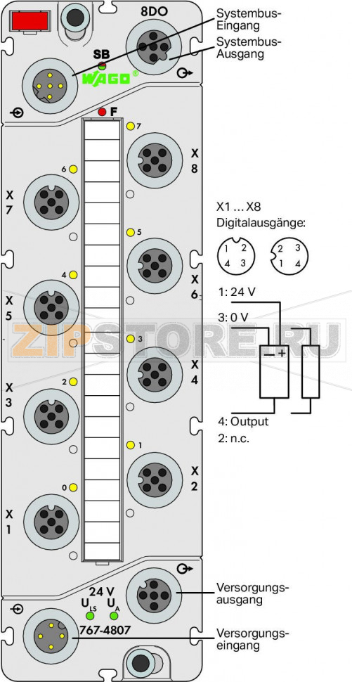 767 Series  I/O System 8-канальный дискретный выход; тока; 0,5 А; 8 x M12; светло-серые Wago 767-4807 Краткое описание:Дискретный модуль вывода для управления исполнительными механизмами (например, магнитными клапанами, контакторами постоянного тока, индикаторами).Особенности:? - 8 дискретных выводов, 24 В пост.тока / 0,5 А? Возможность выполнения диагностики (поканально)- С возможностью параметризации (инверсия, стратегия подстановки значения, ручной режим, интерактивное моделирование и диагностика)Комплектация:1 маркер WMB, красный1 маркировочная полоса2 защитные крышки M12...
