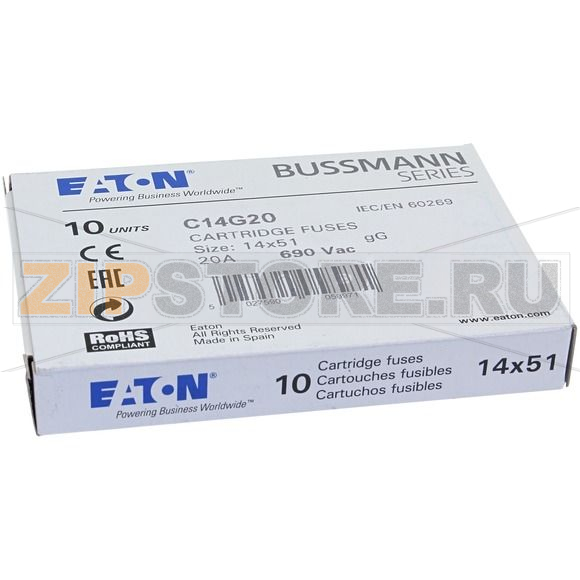 Предохранитель, 20 A, AC 690 В, 80 кА, 14x51 мм, gL/gG, IEC Eaton CYLINDRICAL FUSE 14x51 20A GG 